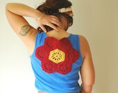 Flower Back Tank Top in Navy Blue and Deep Red with Crotched Flower, Size Large