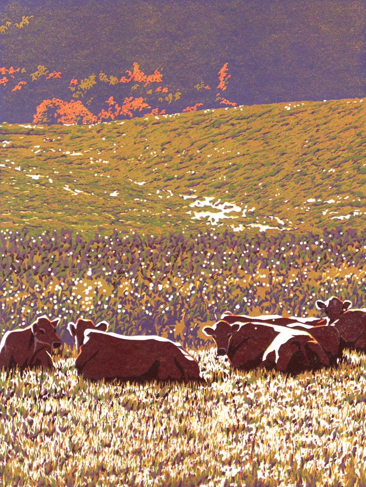 Nine-color Linocut Print of Jersey Cows in Afternoon Autumn Light Called "Autumn Girls"