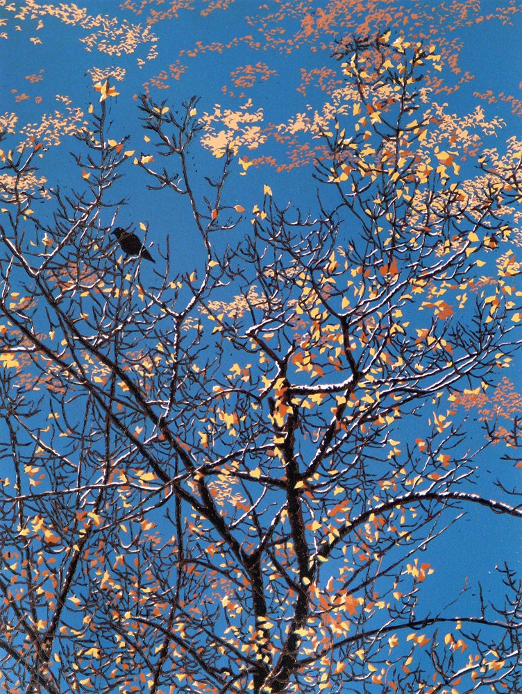 Seven-color Linocut of Crows Roosting in the Afternoon Autumn Light Along the Connecticut River, entitled "Crowful Quiescence"