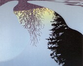 Seven-color linocut print of winter dawn light on still water, entitled "Ice Dawn"