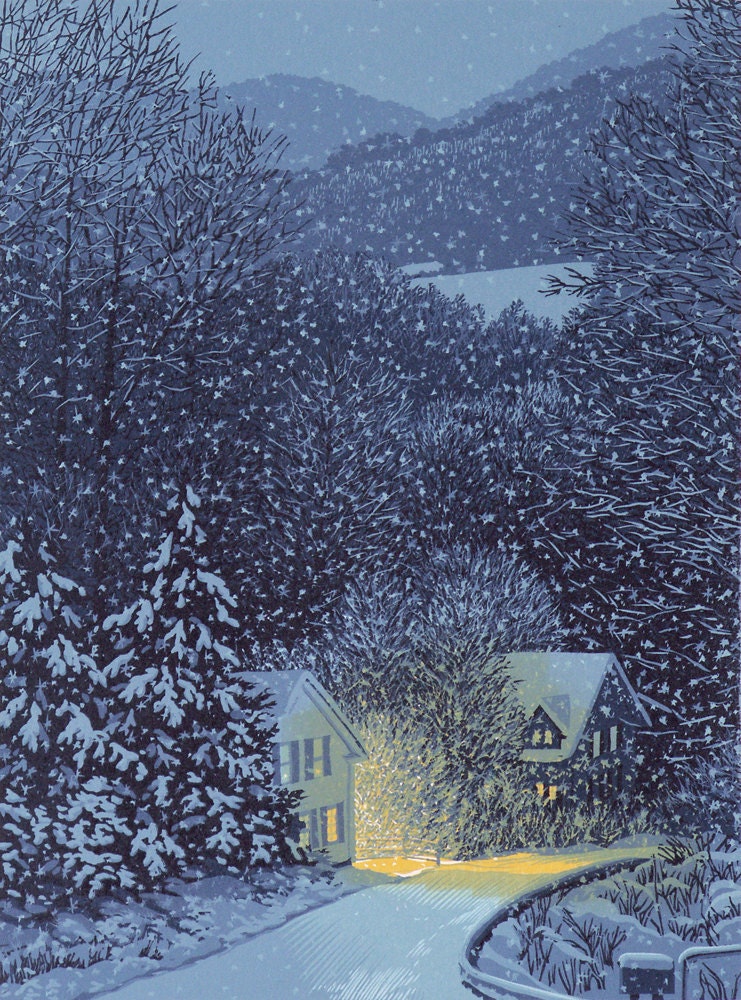 Eight-color linocut print of Vermont village on a snowy night, entitled "Nightfall Snowfall"