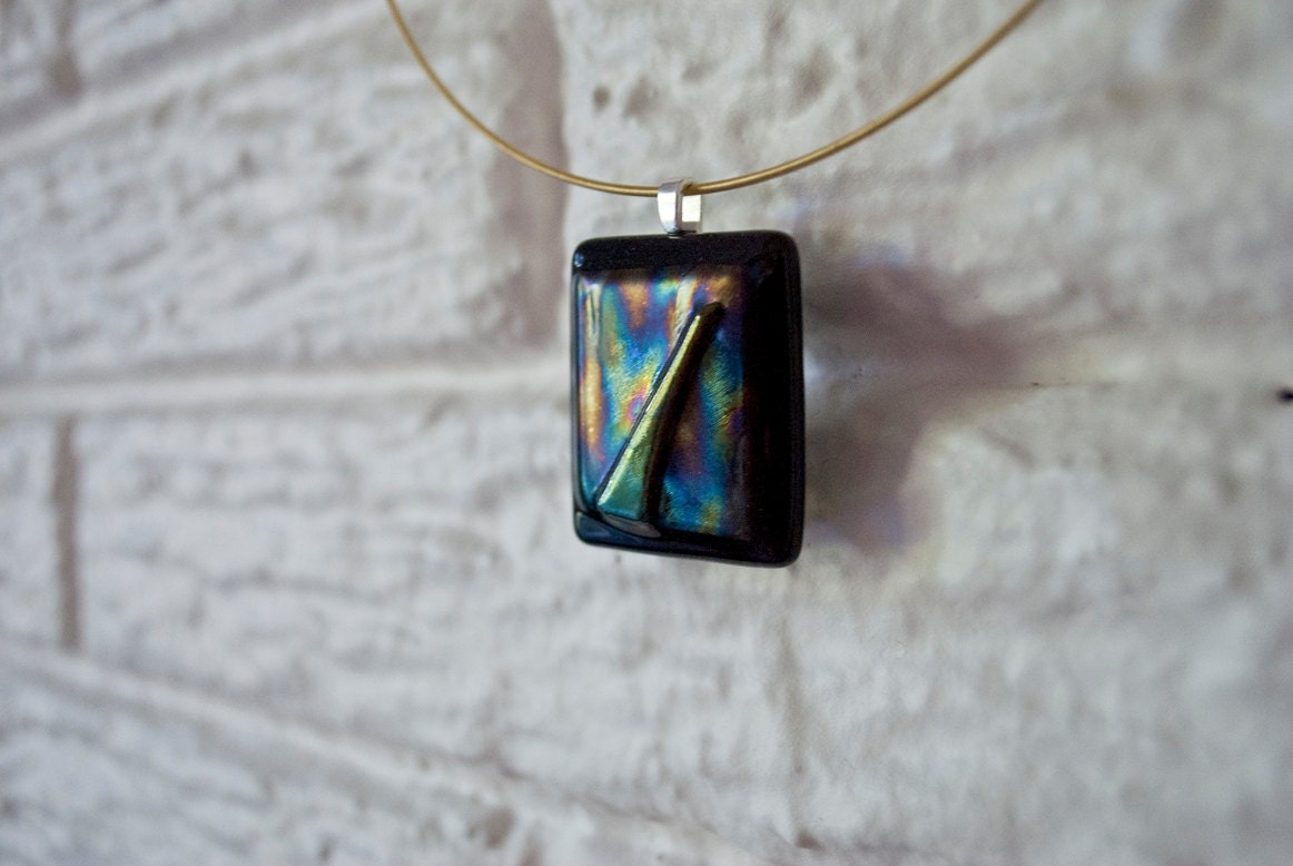 Green Iridized Glass Fused on Rainbow Iridized Glass Necklace