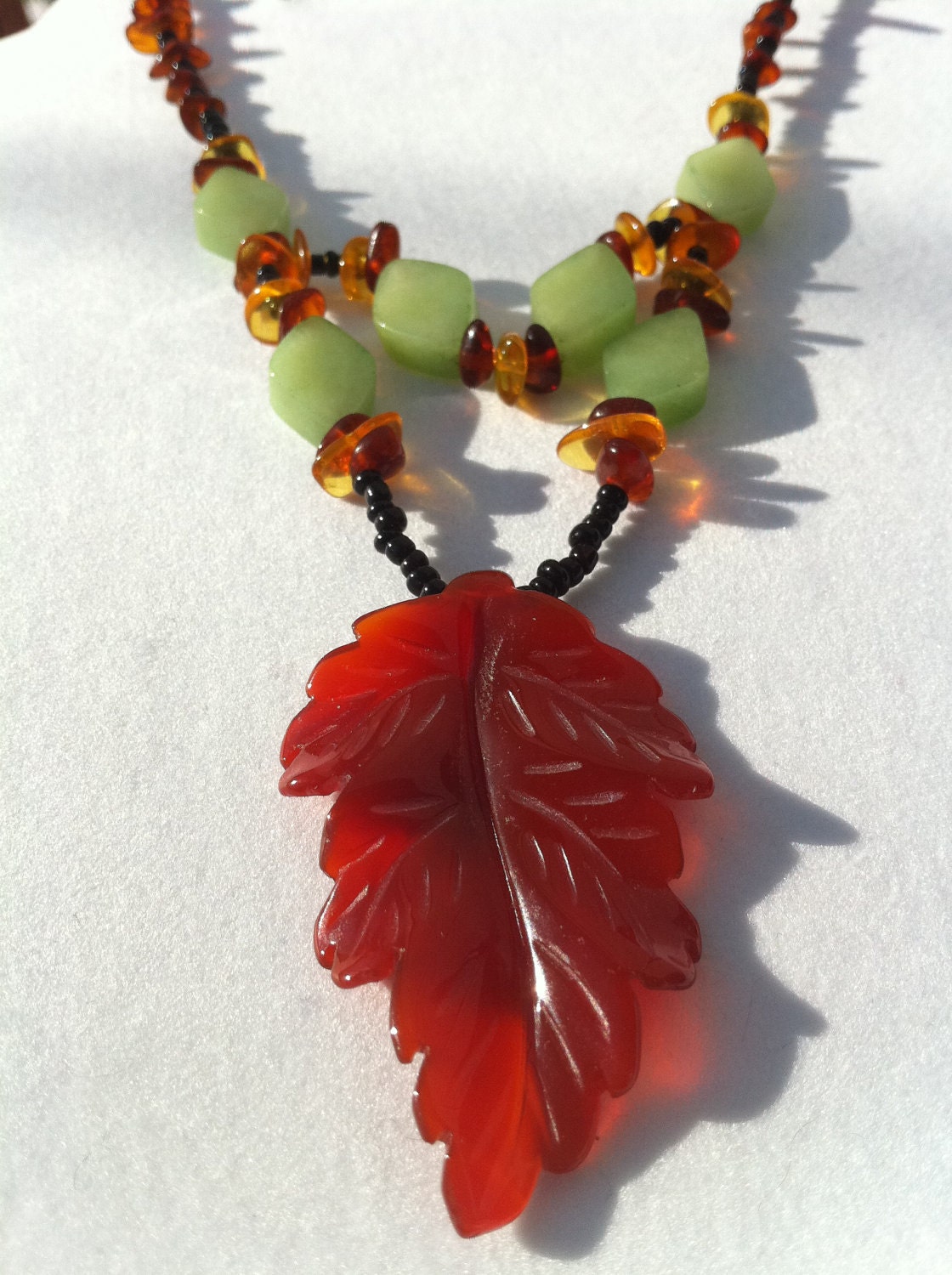 FREE US SHIP Set of Matching Necklace and Bracelet, Baltic Amber Fall Necklace and Bracelet With Black Seed Beads, Jade, and Carnelian Leaf