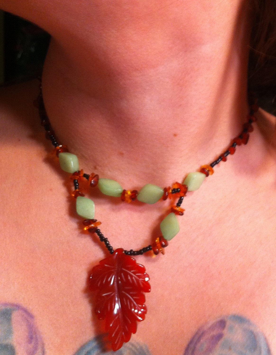 FREE US SHIP Set of Matching Necklace and Bracelet, Baltic Amber Fall Necklace and Bracelet With Black Seed Beads, Jade, and Carnelian Leaf