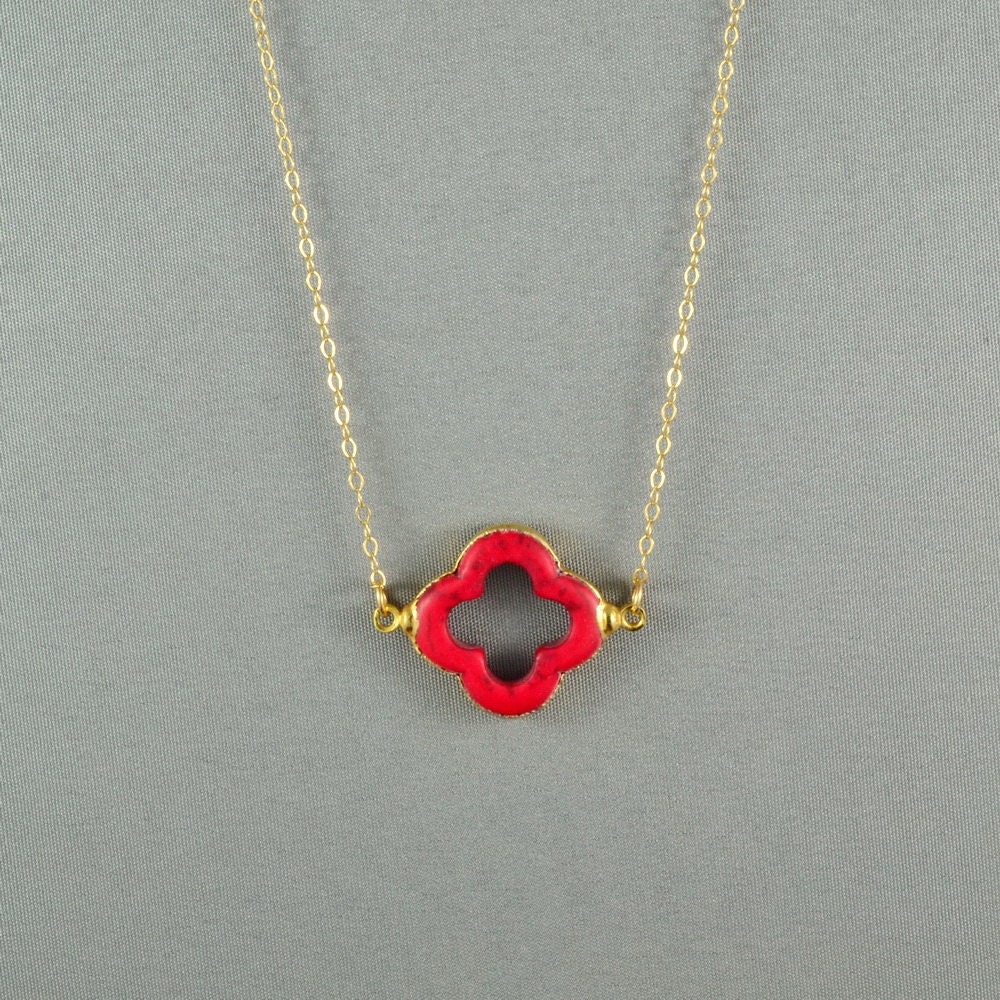 Red Howlite Clover Gold Necklace, 24K Gold Edged, 14K Gold Filled Delicate Chain, Modern, Feminine, Eye Catching, Everyday Wear Jewelry