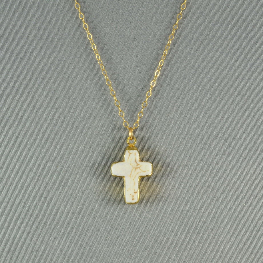 White Howlite Cross Necklace, 24K Gold Edged, Modern, Simple, Feminine, Eye Catching,Wonderful Jewelry
