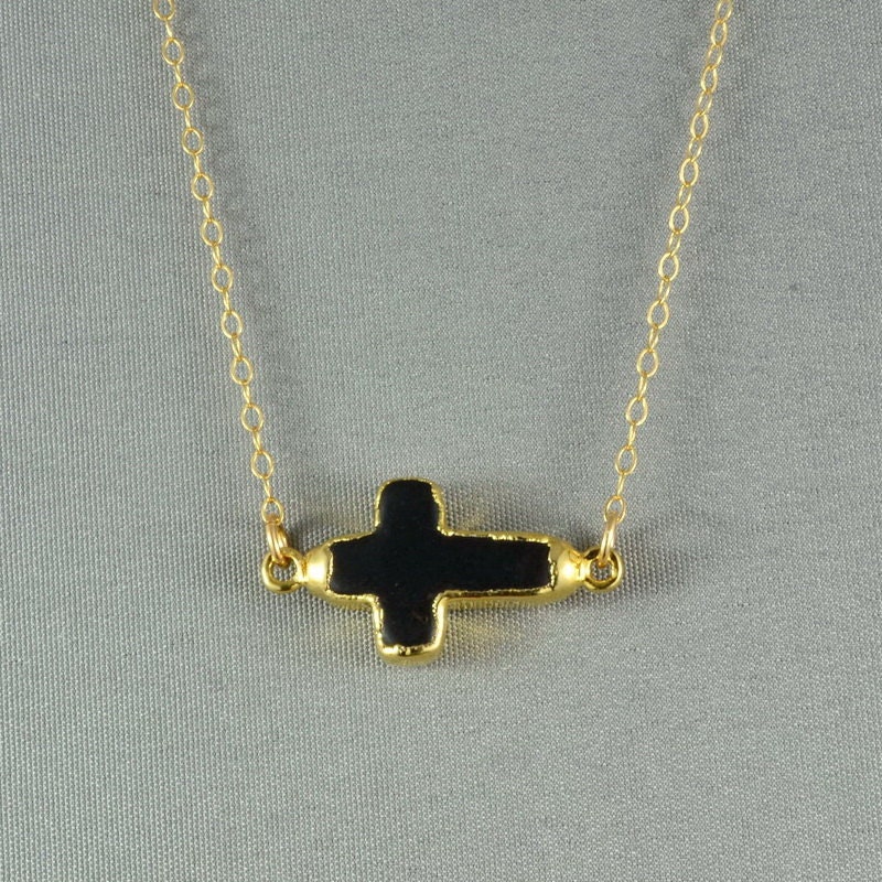 Black Howlite Sideways Cross Necklace, Edged with 24k gold, 14K Gold Filled Chain, Feminine, Pretty, also in Sterling Silver