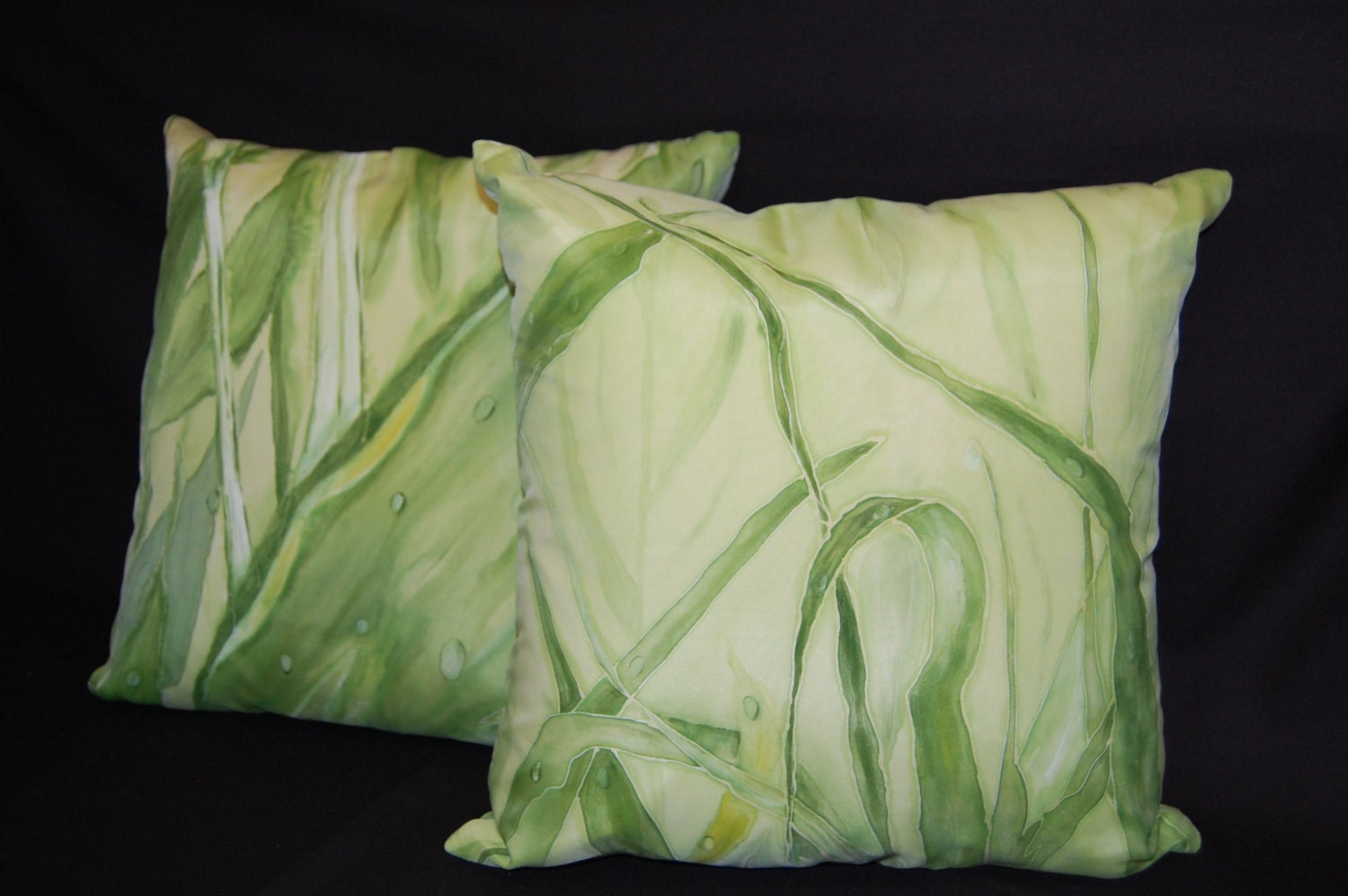 Hand painted two silk pillow covers, gree grass, rain, dew. 18"x18" size.Price for two is 180.00.