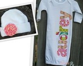 Gift Set -- Hand appliqued newborn gown and cap with fabric rosette