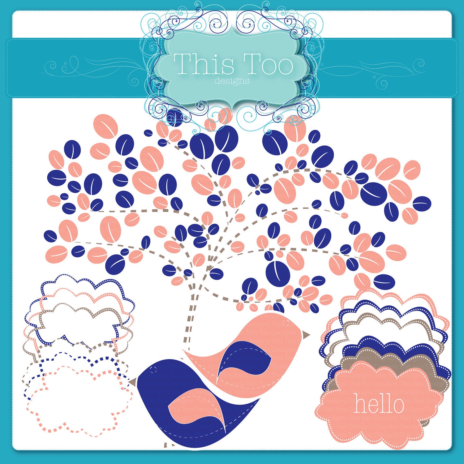 Sale: 3 for 2 - Blue and Peach Spring TREES, BIRDS & BORDERS Clip Art Super Set for Printing, Digital Scrapbooking, Card Making, Photosohop