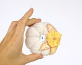 Pincushion / Pin Cushion Fabric Flower Yellow Mustard Cream Ivory , natural colors , shabby chic mother of pearl button , europeanstreetteam