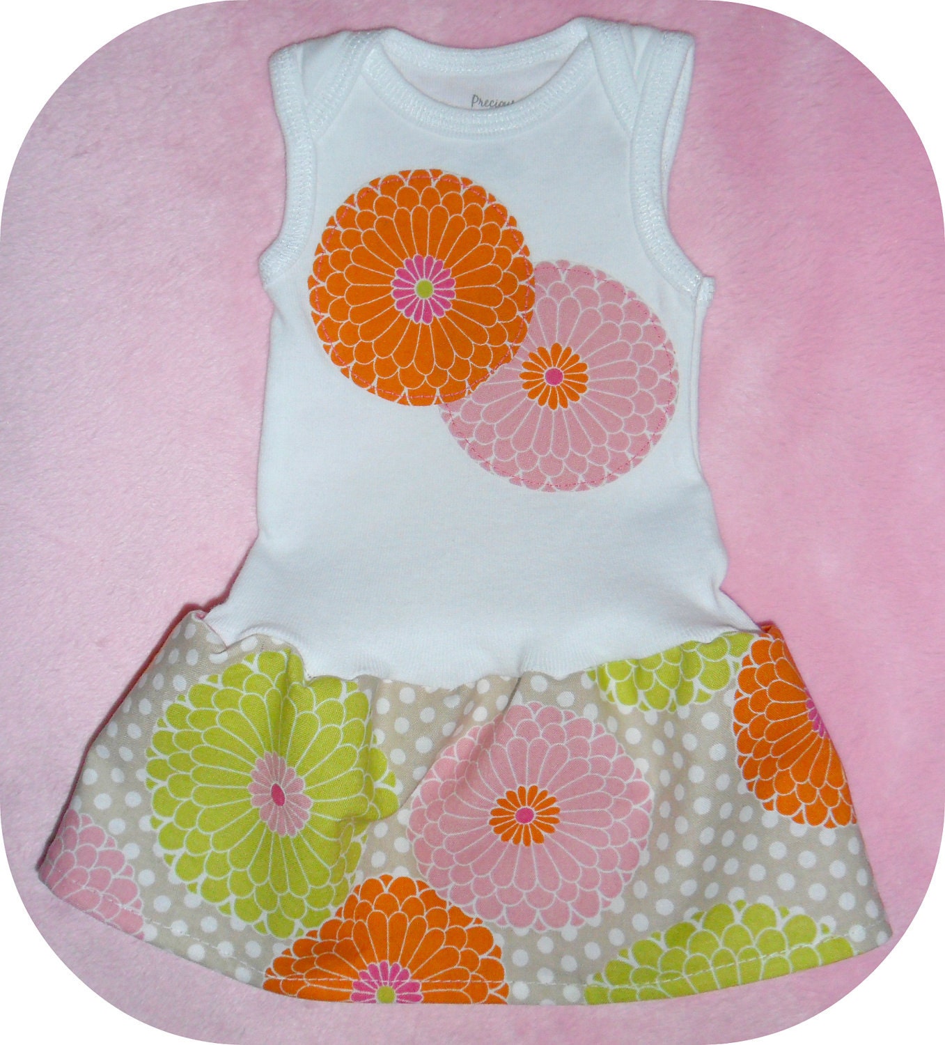 Pink, Orange & Lime Flowers Polka Dots Baby Onesie Dress