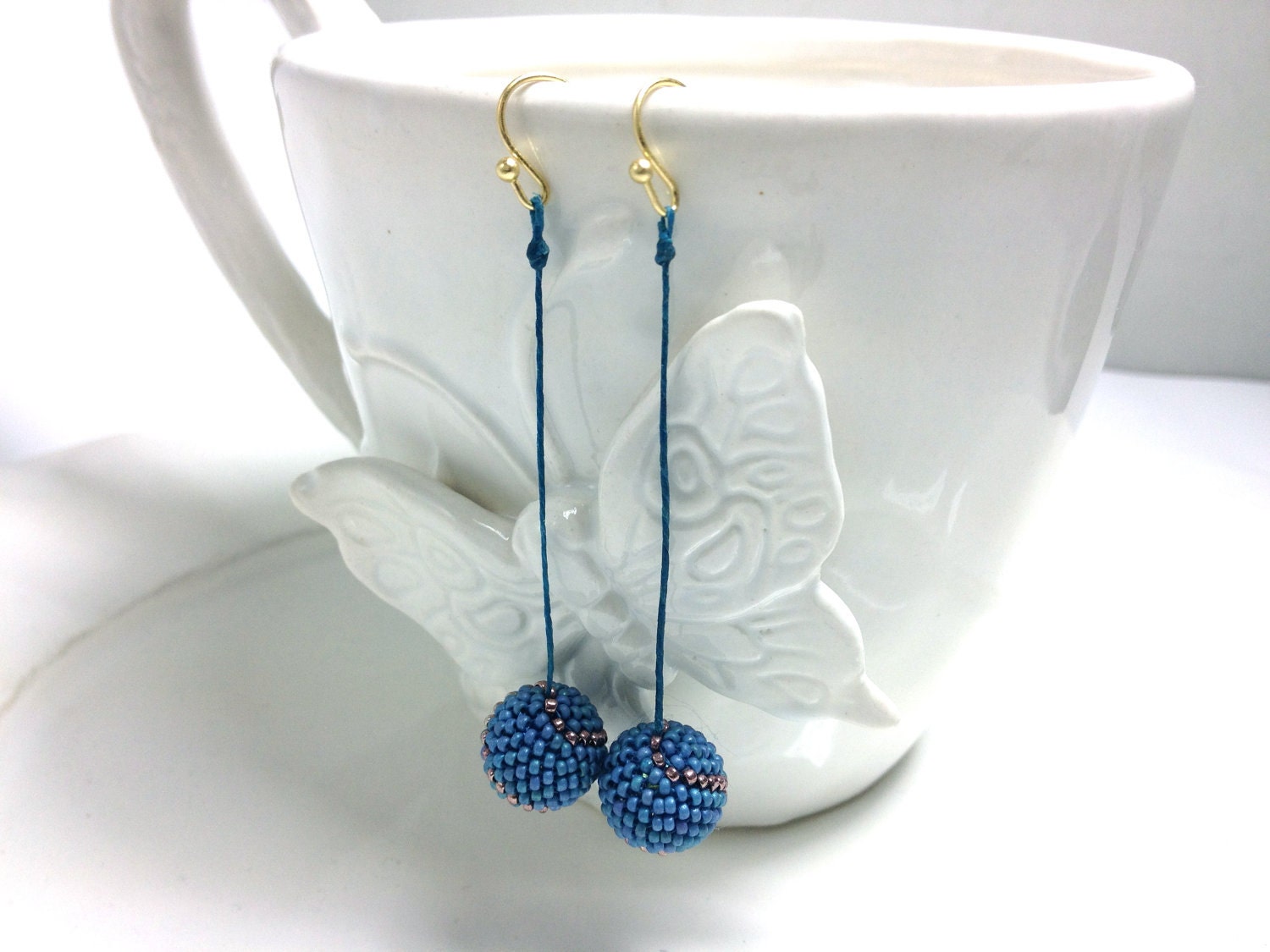 Blue Gray Matte Metallic Iris Beaded Bead with Copper Gold Line Pattern Dangle Earrings