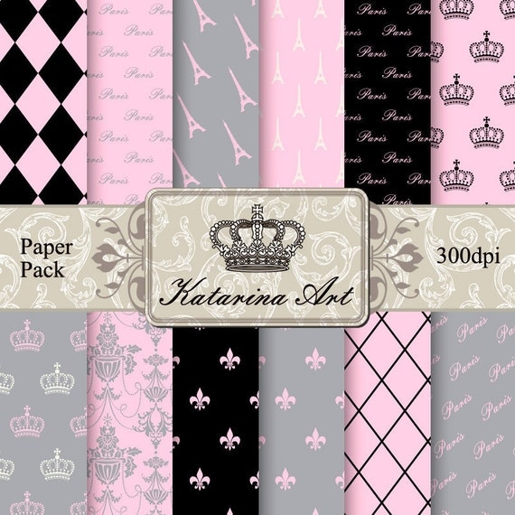 Digital collage sheet - Pink Paris. Printable set of 12 paper. Digital scrapbooking paper pack.  Download Scrapbooking Supplies k500407