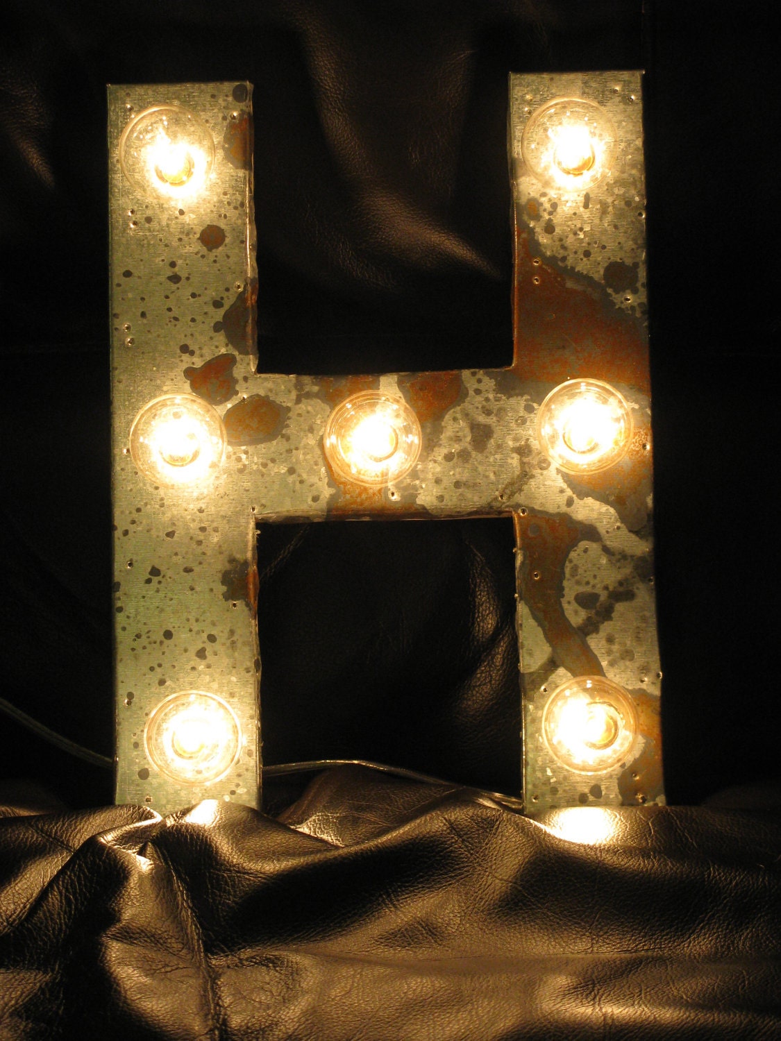 12"  Rusted metal letter light fixture  wedding  vintage chic decor