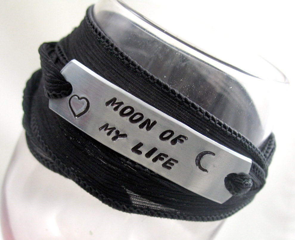 Silk Wrap Bracelet - Moon of My Life - Game of Thrones Inspired Hand Stamped ID Tag, Hand Dyed Black Silk Ribbon