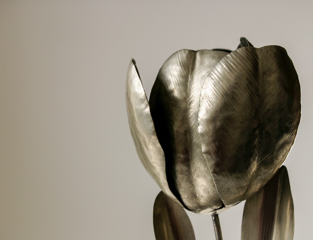 German silver tulip flower sculpture metalwork with amethyst encrusted