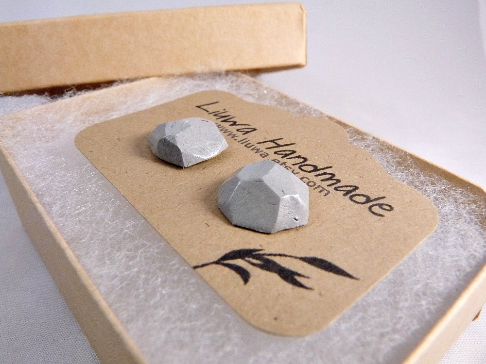 Post Earrings, Elephant Gray Faceted Clay Earrings, Stainless Surgical Steel Posts, Geometric Studs