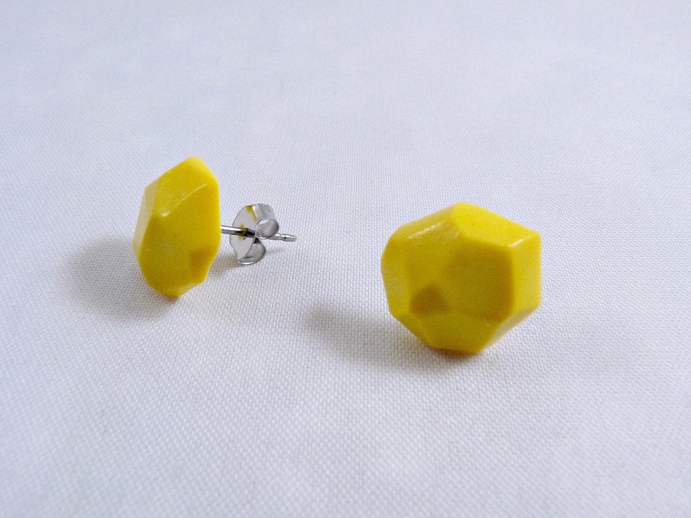Dandelion Yellow Studs, Faceted Clay Earrings, Stainless Surgical Steel Post Earrings