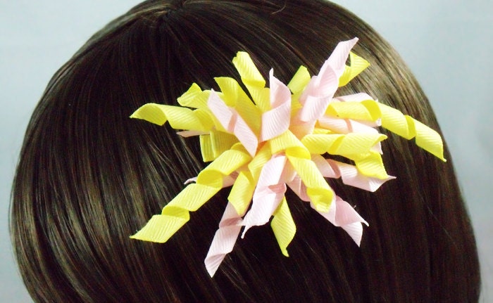 Korker Hair Bow Pink and yellow curly pom pom hair bow