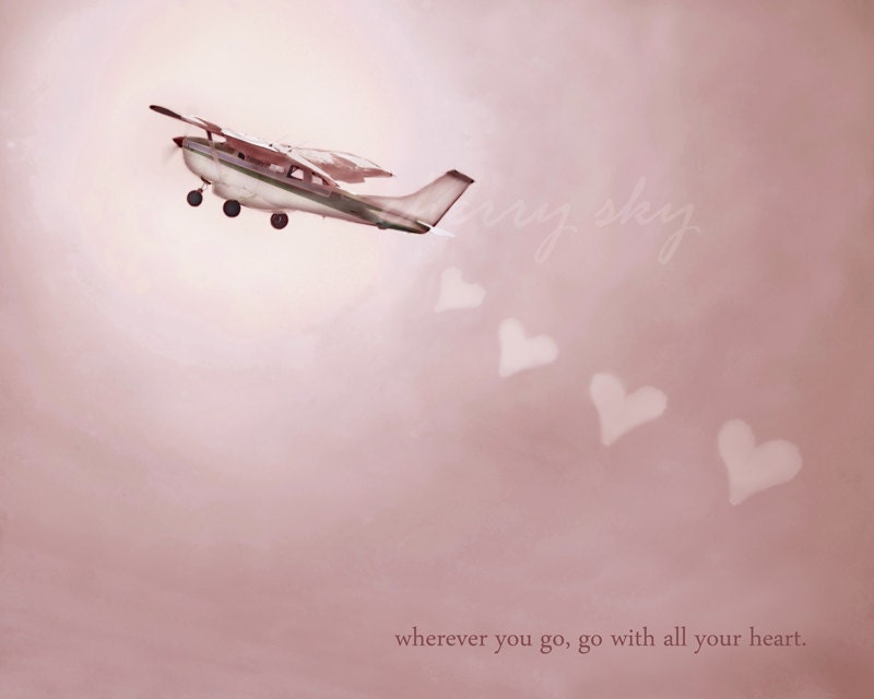 Go With All Your Heart - Sweet Pastel Pink Airplane Flying Love Pilot Romantic Hearts Inspirational Quote Girls Room Decor 8x10 Photo