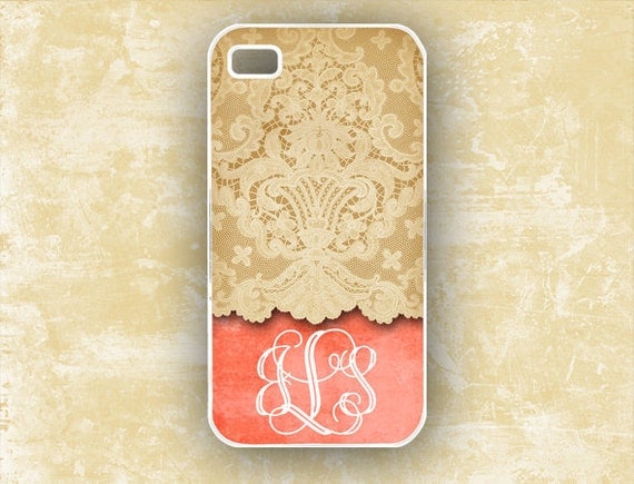 Monogrammed iPhone 4s case, Tangerine personalized with lace, floral Iphone 5 case, Iphone 4 case, plastic or silicone iphone case (9643)
