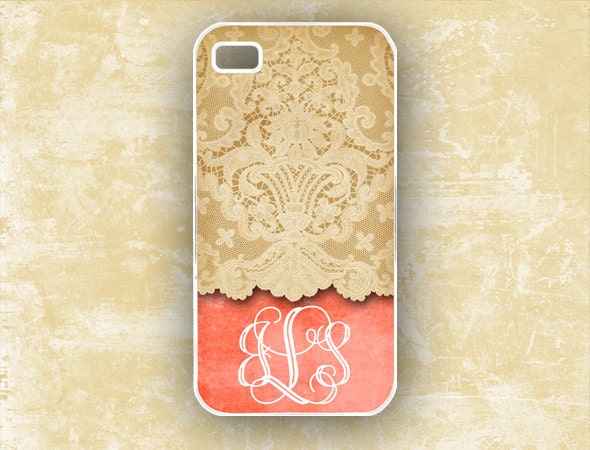 Monogrammed iPhone 4s case, Tangerine personalized with lace, floral Iphone 5 case, Iphone 4 case, plastic or silicone iphone case (9643)