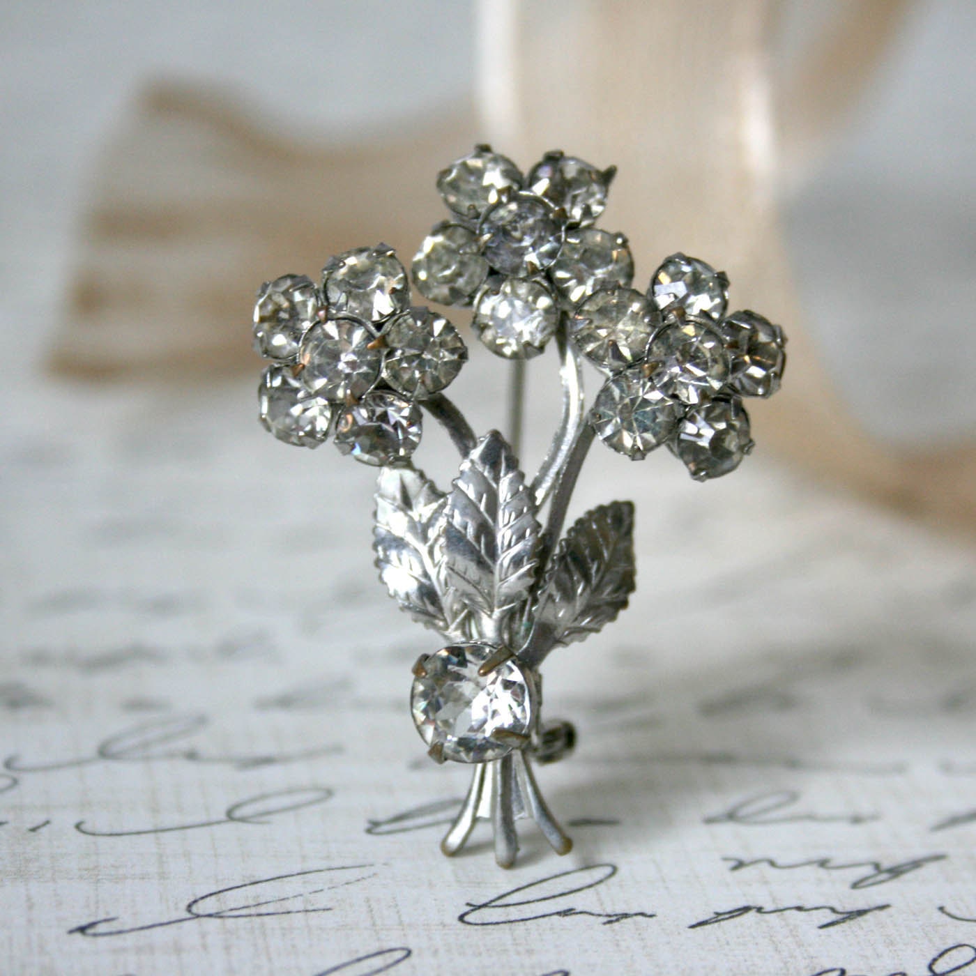 Vintage Rhinestone Flower Brooch Pin - clear 1950s elegant