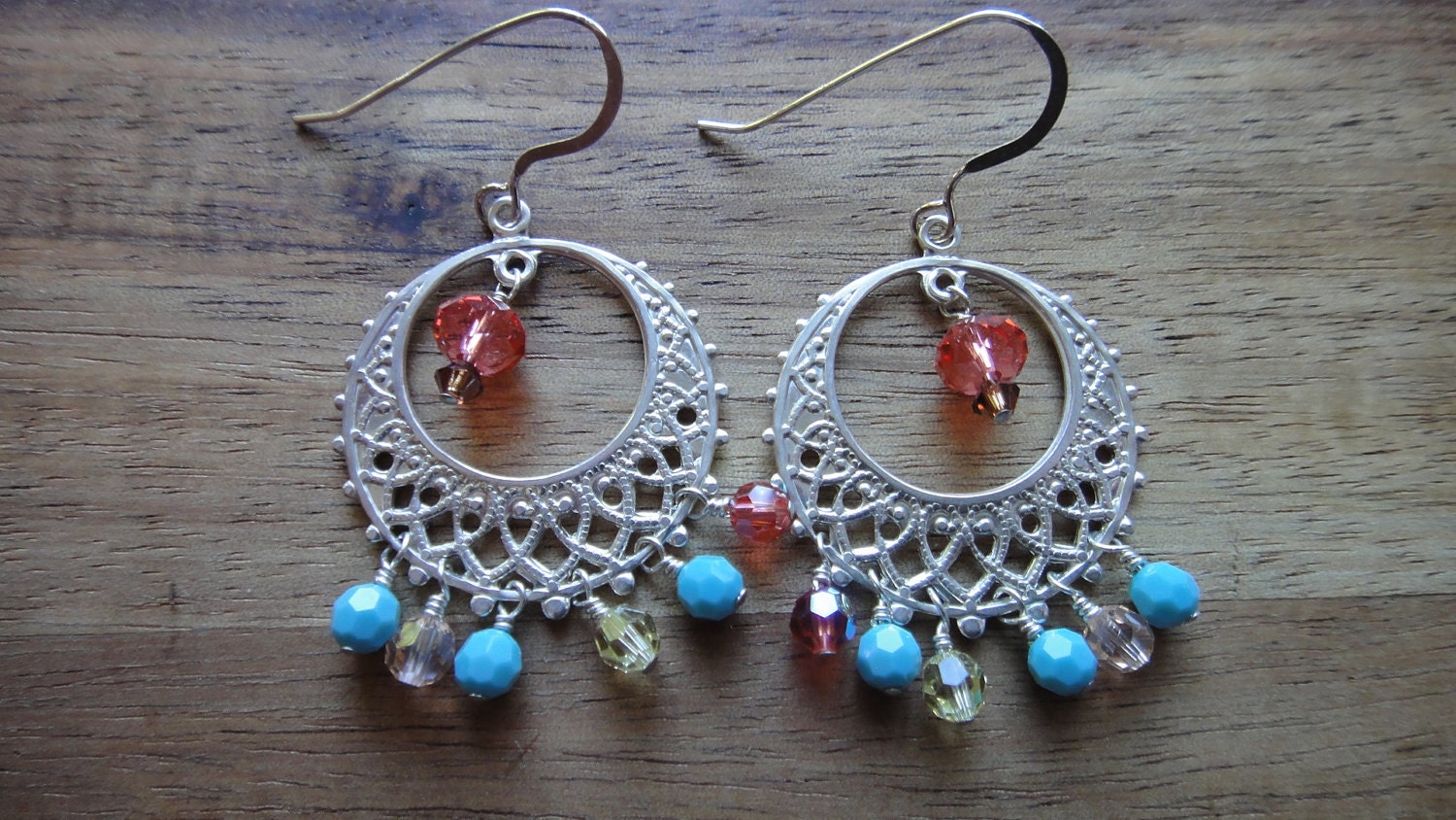 Jewelry Earrings handmade Silver chandelier southwest style turquoise pink yellow dangle mothers day
