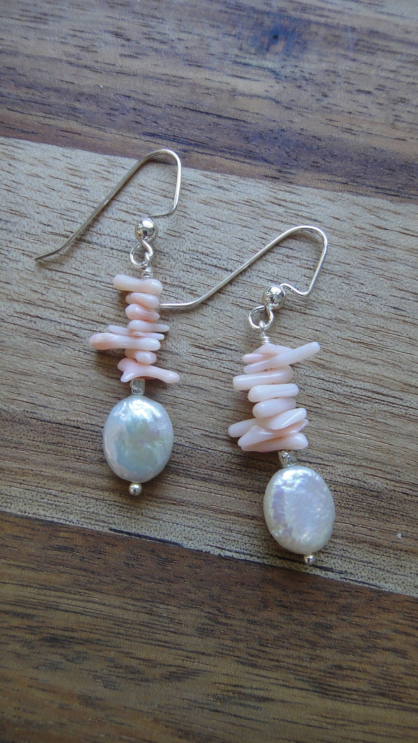 Handmade dangle earring linear pink shell chips on silver with white oval coin shaped pearl