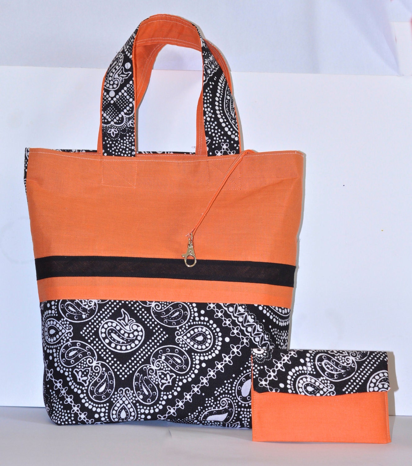 Peach handbag tote bag purse set black and white abstract print