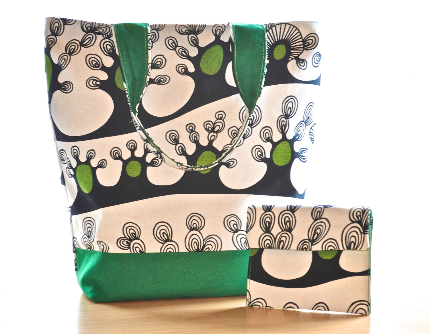 large abstract green tote bag handbag with matching phone purse/clutch