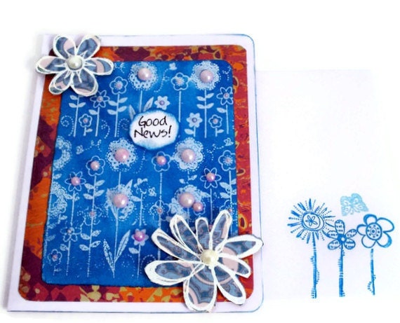Handmade Greeting Card - Christian Greeting Card 3D - Hand Stamped - Blue Floral Art Abstract Floral Art