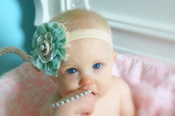 Baby Headband, Flower Headband, Baby Girl Headband, Sea Foam Green and Ivory Shabby Chic Headband