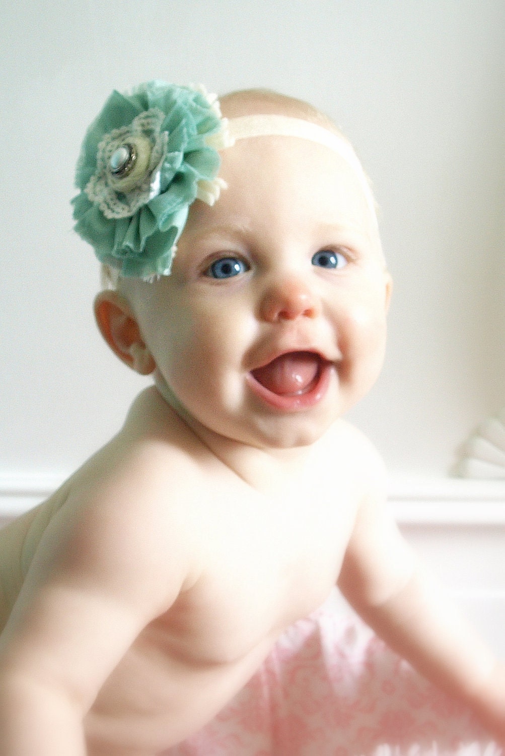 Baby Headband, Flower Headband, Baby Girl Headband, Sea Foam Green and Ivory Shabby Chic Headband