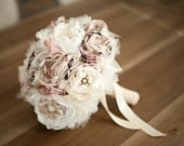 Fabric Flower Bouquet-Custom Wedding Bouquet.  Champagne, Dusty Rose Ivory with pearls, lace, vintage jewelry, rhinestones