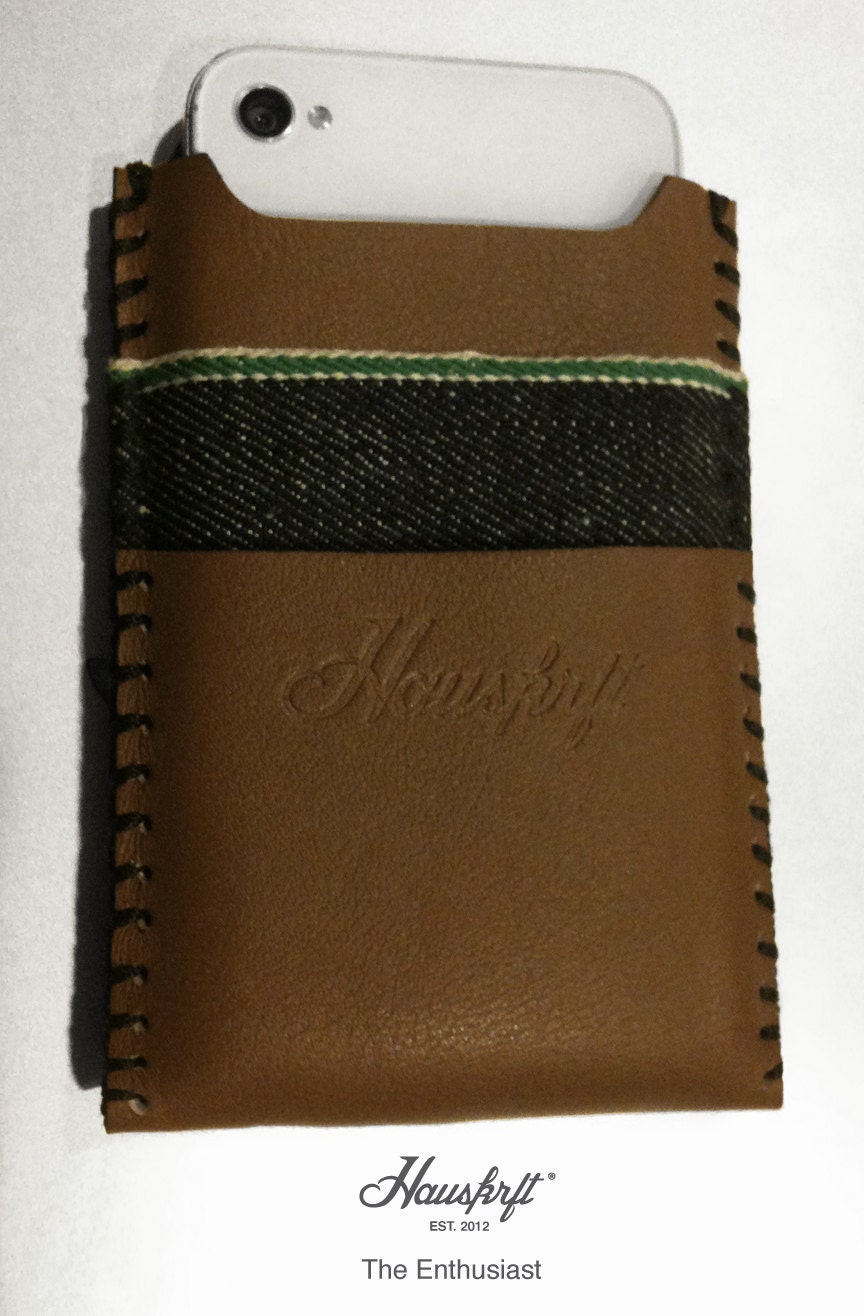 ON SALE The Enthusiast iphone 4 genuine leather/Italian Candiani green selvage denim sleeve wallet