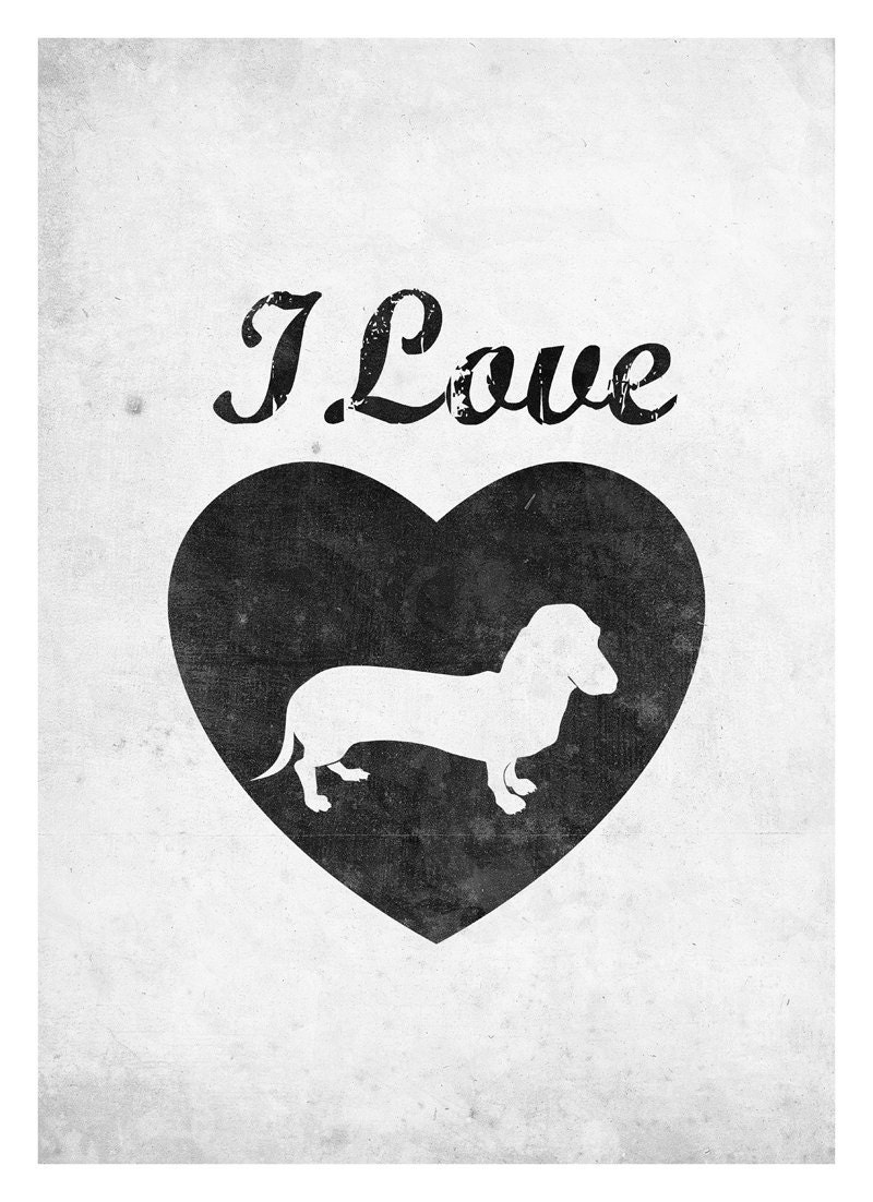 I Love Dachshund wall decor - Vintage black and white poster - animal silhouette art print A3