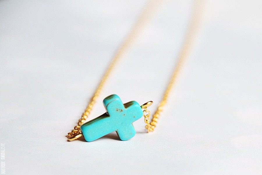 Sideways Cross Necklace - Dainty Turquoise and Gold chain