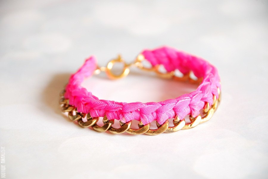 Gold and Neon Pink Braided Chain Bracelet