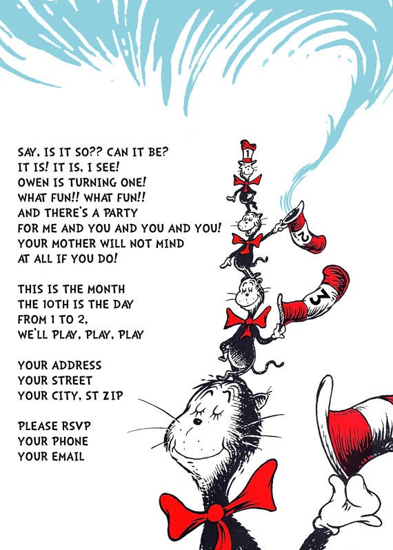 1st Birthday Party- Dr Seuss Birthday Party Invitation-