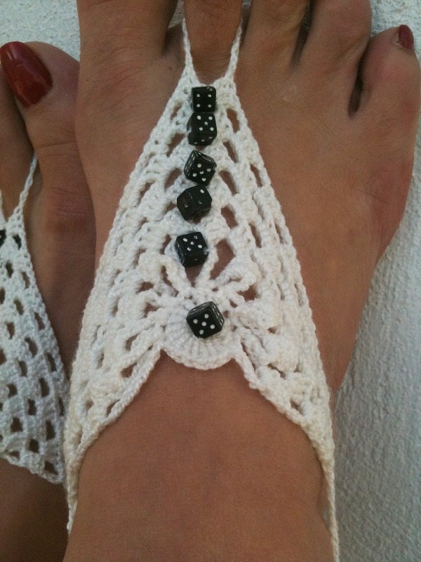 White Barefoot Sandals with dice bead, Nude shoes, Foot jewelry, Wedding, Victorian Lace, Sexy, Lolita, Yoga, Anklet,gypsy sandals