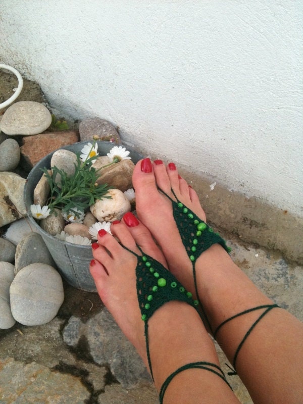 Dark green Barefoot Sandals, Nude shoes, Foot jewelry, Wedding, Victorian Lace, Sexy, Lolita, Yoga, Anklet
