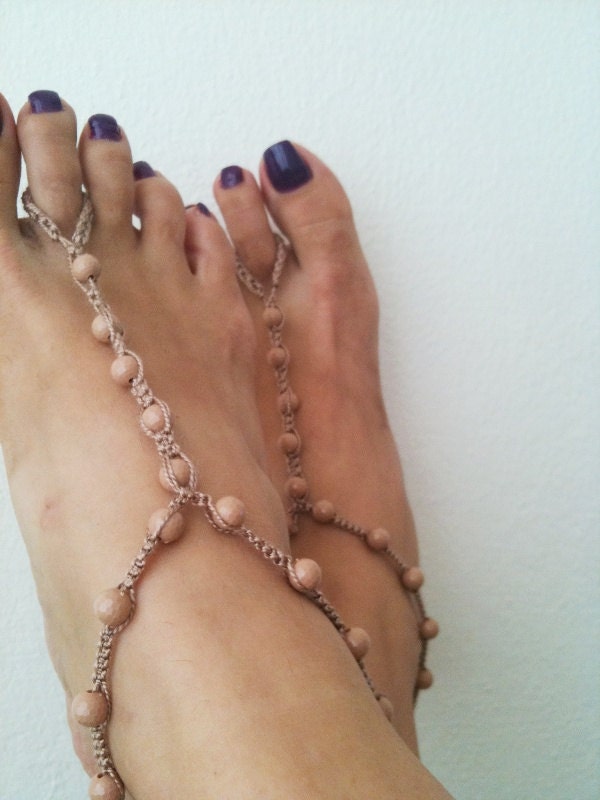 Soft brown   beads  macrame Foot jewelry Anklet, Nude shoes, Foot jewelry, Wedding, Victorian Lace, Sexy, Lolita, Yoga, Anklet