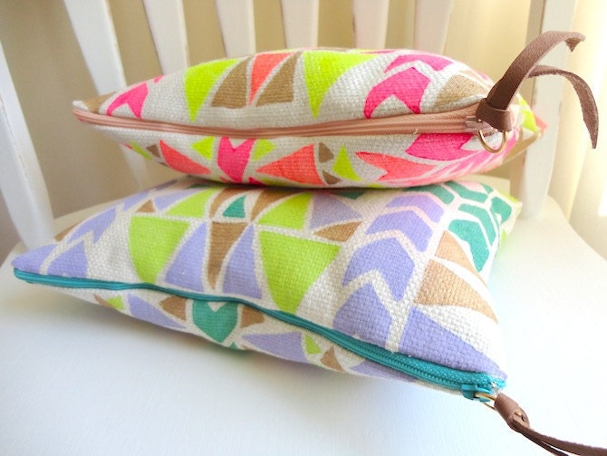 TRIBAL POUCH hand painted clutch handbag with leather- NEON pink