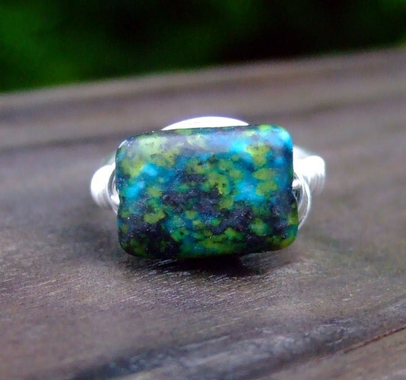 Monet Water Lilies - Australian Jasper Wire Wrapped Ring in Silver - Any Size Made to Order