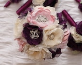 SOLD Custom Order:  Fabric flower Wedding Bouquet, with brooches -