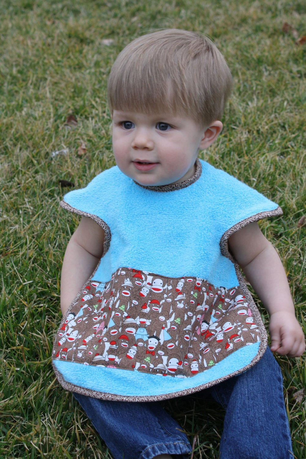 Custom Coverall Turquoise Terry Cloth Bib w/ Sock Monkeys