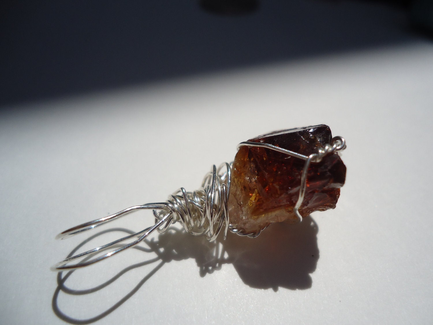 Rough Cut Citrine Sterling Silver Wire Wrapped Pendant