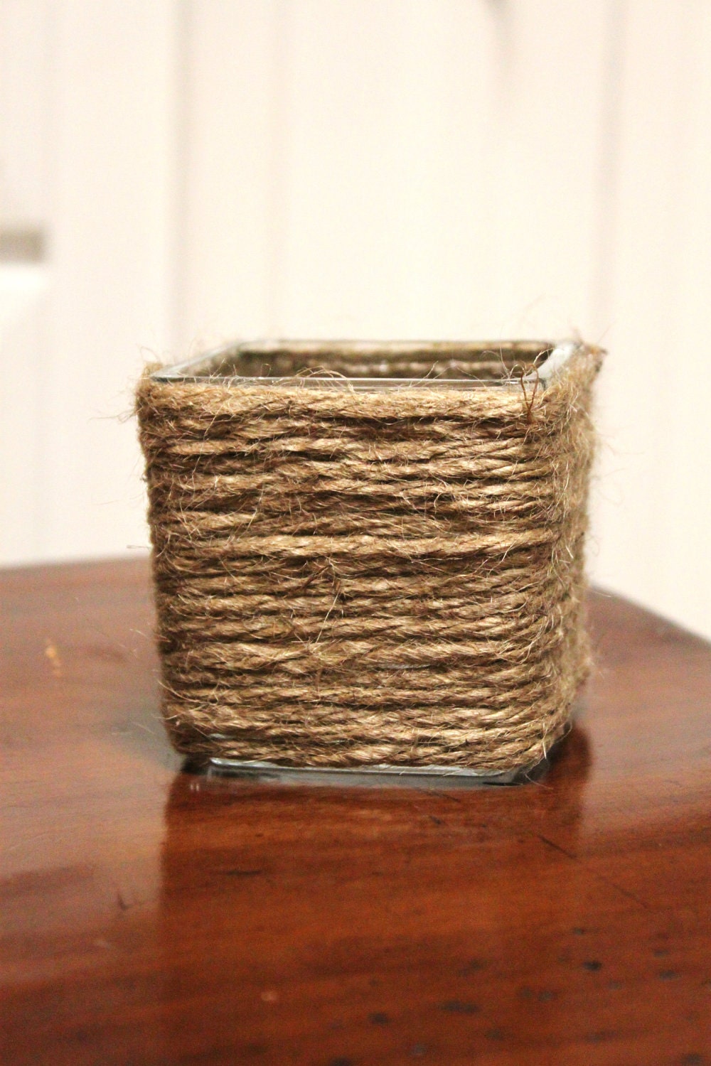 Jute Wrapped 3 Inch Square Glass Candle Holder